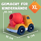 Detaillierte Maße der nachhaltigen Spielzeug-Trucks im 2er Set